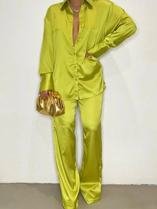 Elegant Satin Women's Matching Sets Casual Long Sleeve Shirt Straight Pants Suit Female Loose Solid Tops Two Pieces Outfits