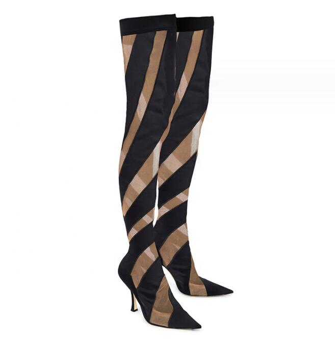 Women's Elastic Cloth High Boots Summer New Pointed Sexy High Heels Knee Boots Brown Color Matching Thin Leg Socks Boots