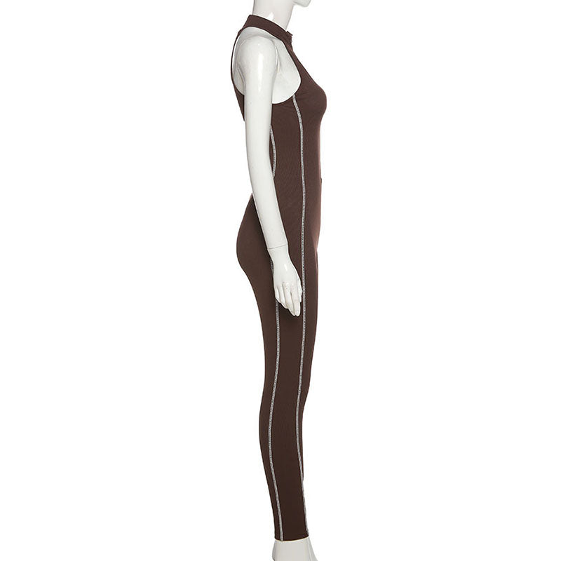 Autumn Velvet Fitness Zipper Sleeveless Stripe Long Jumpsuit For Women Playsuit New 2021Casual Street Skinny Rompers