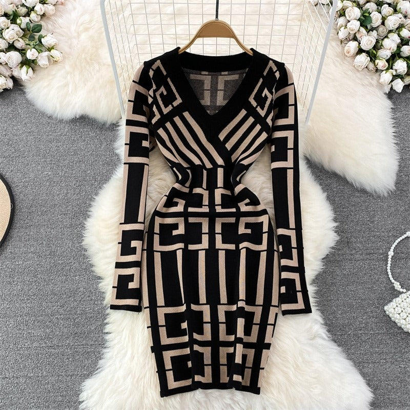 Fancy Women Dress Vintage Knitted Wrap Hips Short Dress Elegant Office Ladies Dresses
