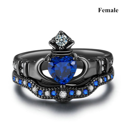 Carofeez Charm Couple Ring Stainless Steel Black Men's Ring Blue Zircon Women's Ring Sets Valentine's Day Wedding Bands