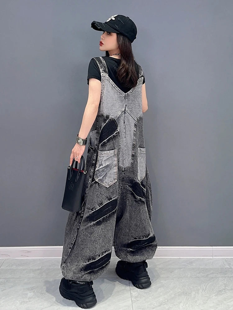 Fashion Women's Jumpsuits Denim Patchwork V-neck Single Breasted Pocket Casual Loose Rompers Summer  New
