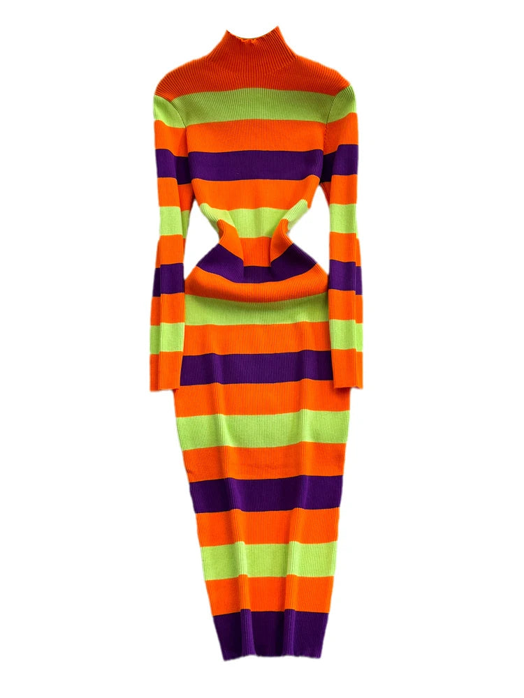 Women Temperament High Waist Knit Wrap Buttocks Dresses Stand Collar Long Sleeve Stripe Vestidos Autumn Winter