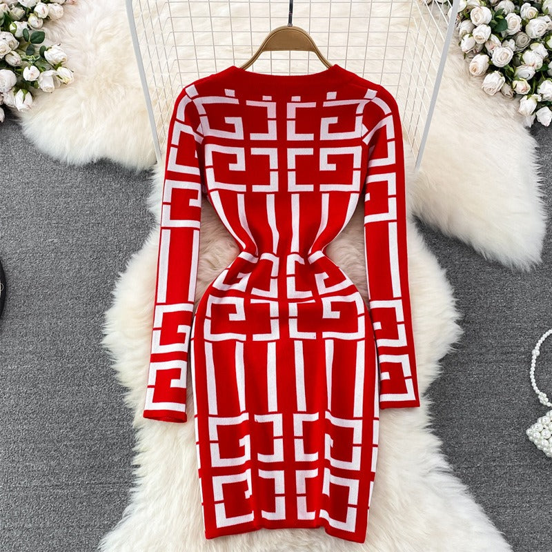 Fancy Women Dress Vintage Knitted Wrap Hips Short Dress Elegant Office Ladies Dresses