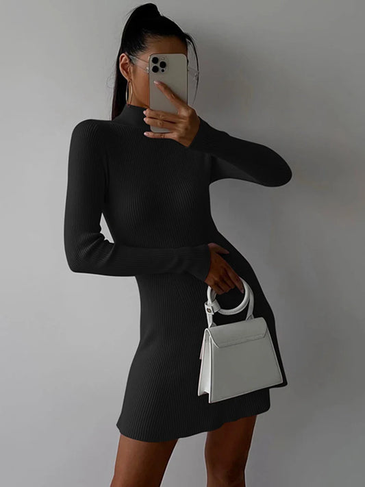 Solid Color Tight Long Sleeved Knitted Dress Women's New Autumn Winter Pullover Elegant Wrap Buttocks Dresses
