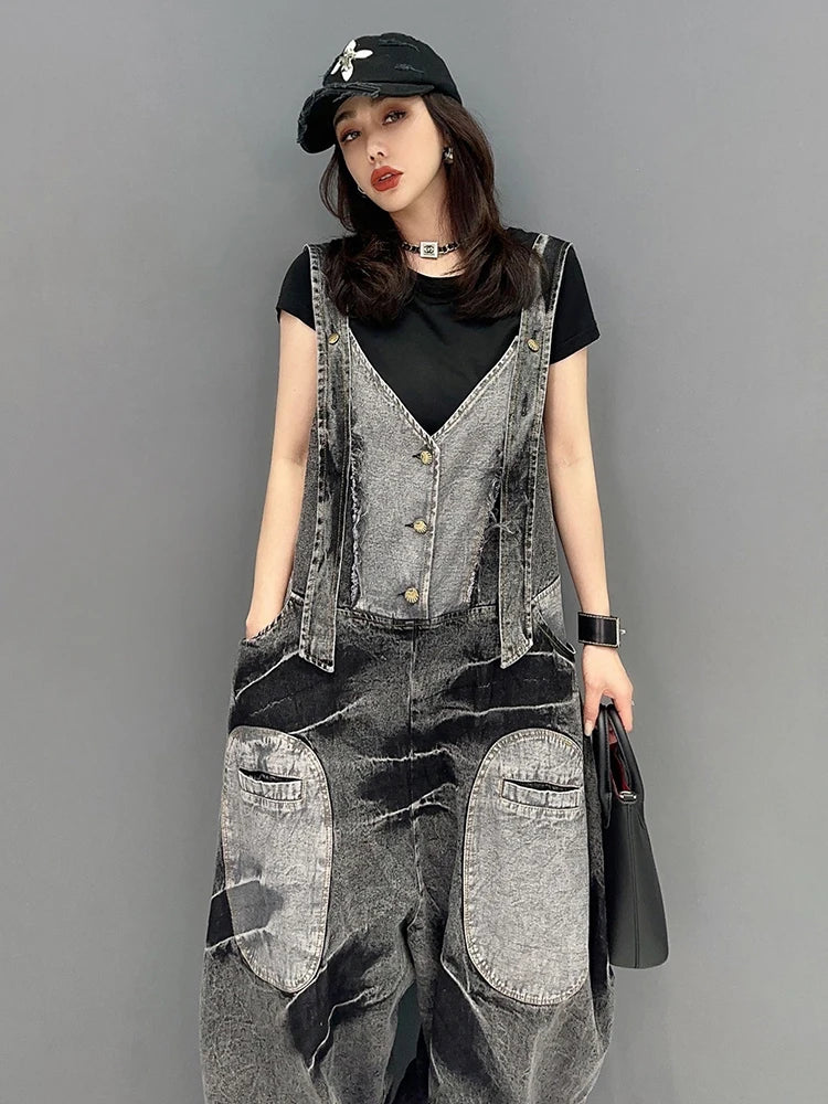 Fashion Women's Jumpsuits Denim Patchwork V-neck Single Breasted Pocket Casual Loose Rompers Summer  New
