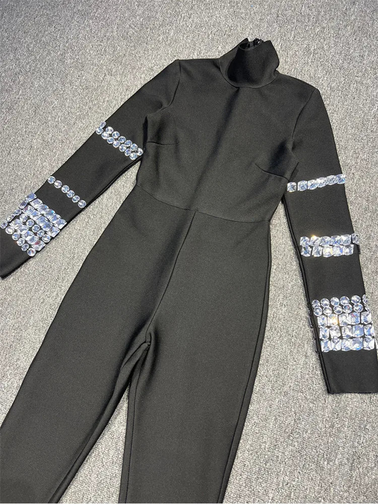 Women Luxury Sexy Long Sleeve Turtleneck Beading Sparkly Black Bandage Jumpsuit  Celebrity Designer High Street Rompers