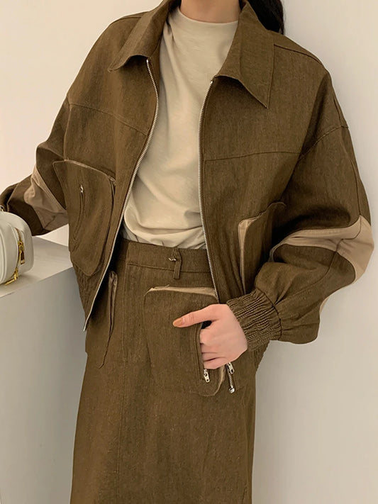 Fashion Women's Denim Coats Contract Color Big Pockets Decoration Short Zipper Female Coats Winter  New Tide