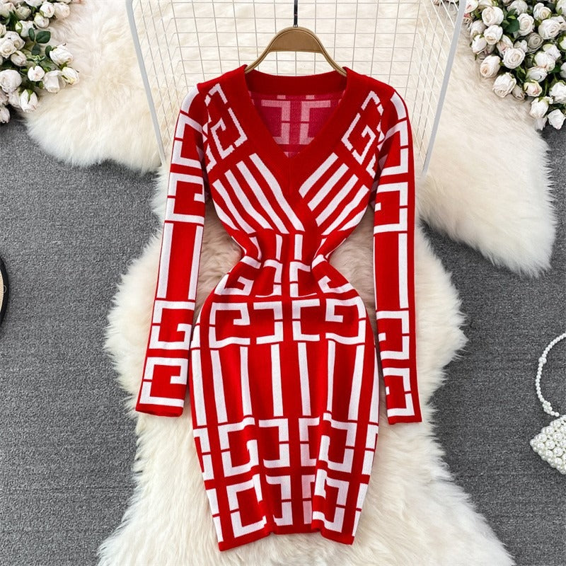 Fancy Women Dress Vintage Knitted Wrap Hips Short Dress Elegant Office Ladies Dresses