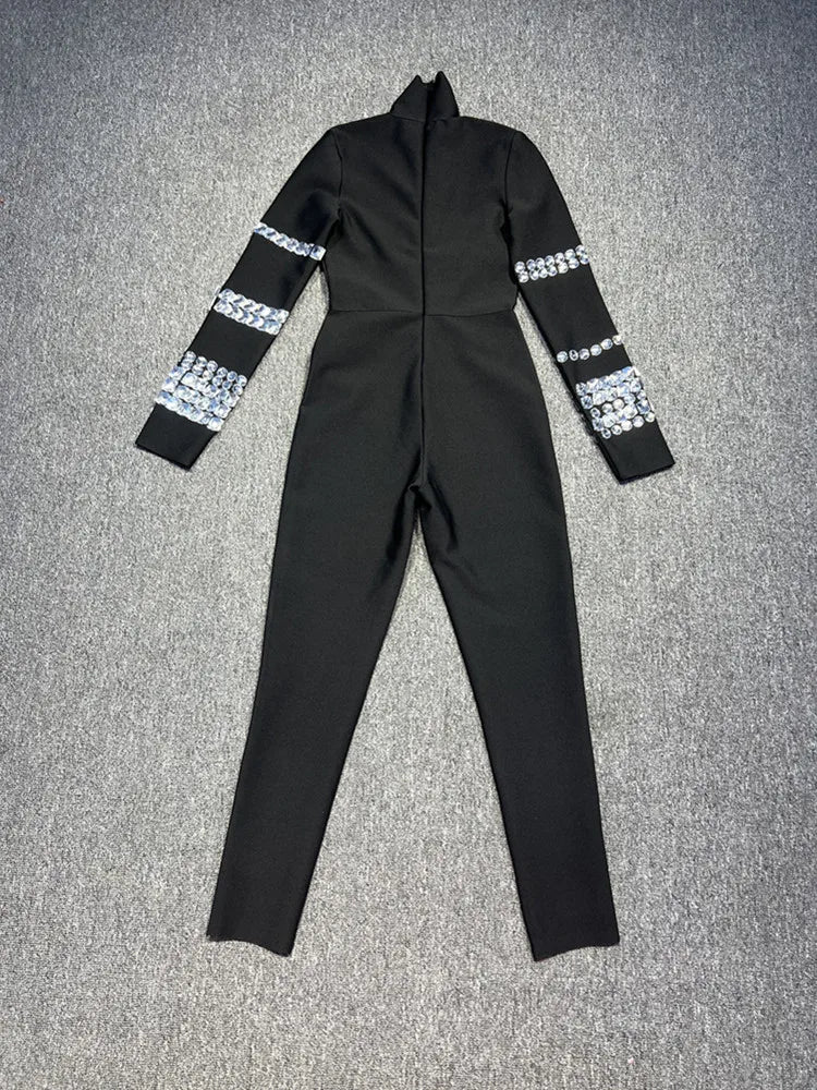 Women Luxury Sexy Long Sleeve Turtleneck Beading Sparkly Black Bandage Jumpsuit  Celebrity Designer High Street Rompers