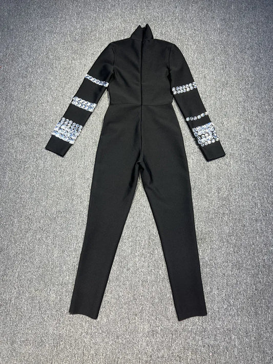 Women Luxury Sexy Long Sleeve Turtleneck Beading Sparkly Black Bandage Jumpsuit  Celebrity Designer High Street Rompers