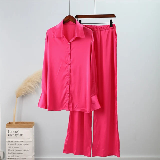 Elegant Satin Women's Matching Sets Casual Long Sleeve Shirt Straight Pants Suit Female  Loose Solid Tops Two Pieces Outfits