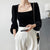 Black Flannel Blouses Women Vintage Lantern Puff Sleeve Velvet Shirts Female French Style Square Collar Tops