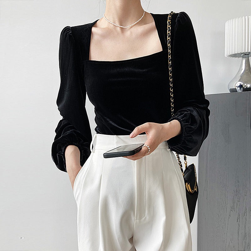 Black Flannel Blouses Women Vintage Lantern Puff Sleeve Velvet Shirts Female French Style Square Collar Tops