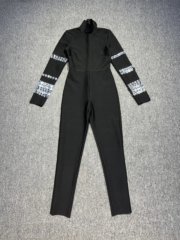 Women Luxury Sexy Long Sleeve Turtleneck Beading Sparkly Black Bandage Jumpsuit  Celebrity Designer High Street Rompers