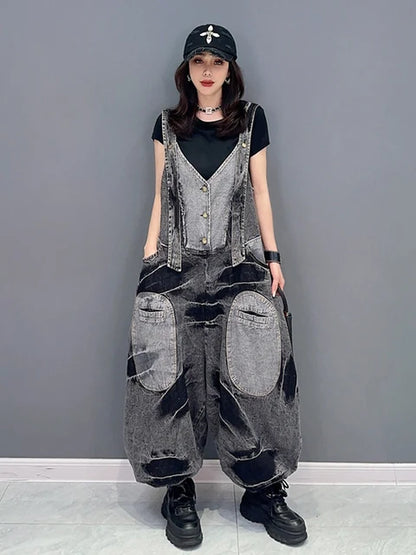 Fashion Women's Jumpsuits Denim Patchwork V-neck Single Breasted Pocket Casual Loose Rompers Summer  New