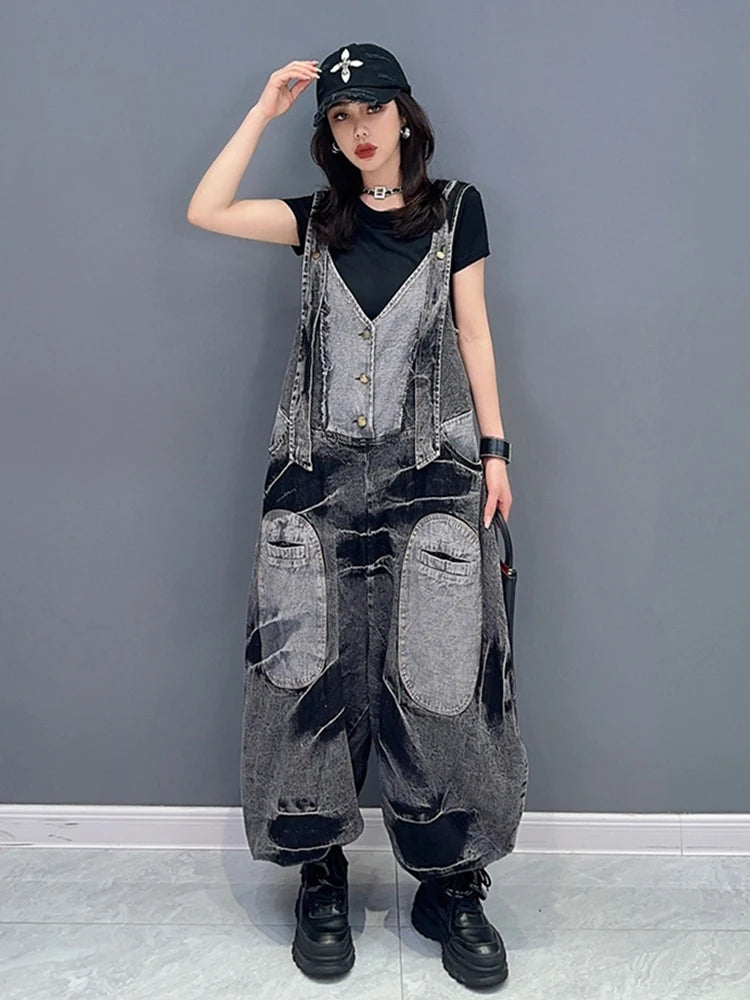 Fashion Women's Jumpsuits Denim Patchwork V-neck Single Breasted Pocket Casual Loose Rompers Summer  New