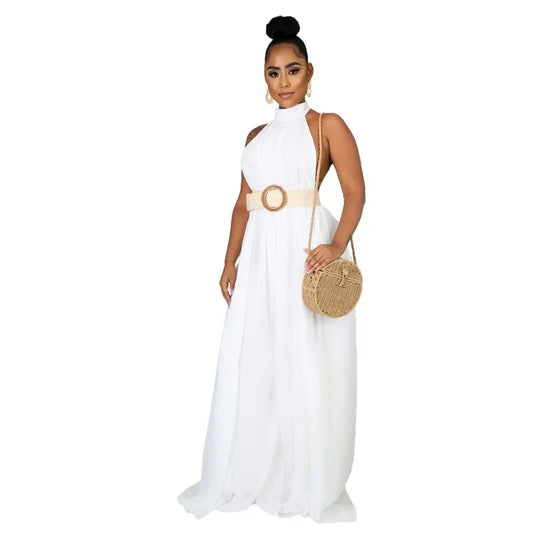 Elegant Holiday Chiffon Jumpsuits Halter Sleeveless High Waist Women Wide Leg Playsuit Open Back Pleated Rompers
