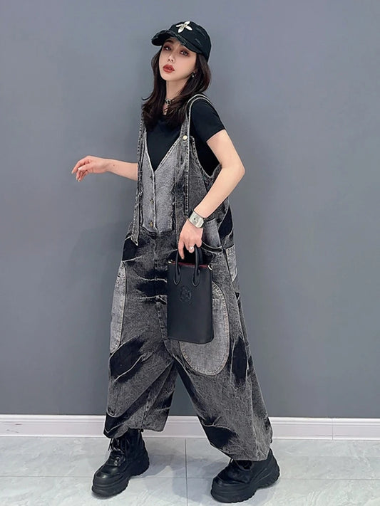 Fashion Women's Jumpsuits Denim Patchwork V-neck Single Breasted Pocket Casual Loose Rompers Summer  New