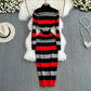 Women Temperament High Waist Knit Wrap Buttocks Dresses Stand Collar Long Sleeve Stripe Vestidos Autumn Winter
