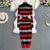 Women Temperament High Waist Knit Wrap Buttocks Dresses Stand Collar Long Sleeve Stripe Vestidos Autumn Winter