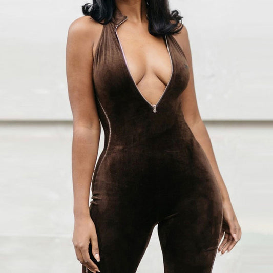 Autumn Velvet Fitness Zipper Sleeveless Stripe Long Jumpsuit For Women Playsuit New 2021Casual Street Skinny Rompers