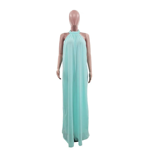 Elegant Holiday Chiffon Jumpsuits Halter Sleeveless High Waist Women Wide Leg Playsuit Open Back Pleated Rompers