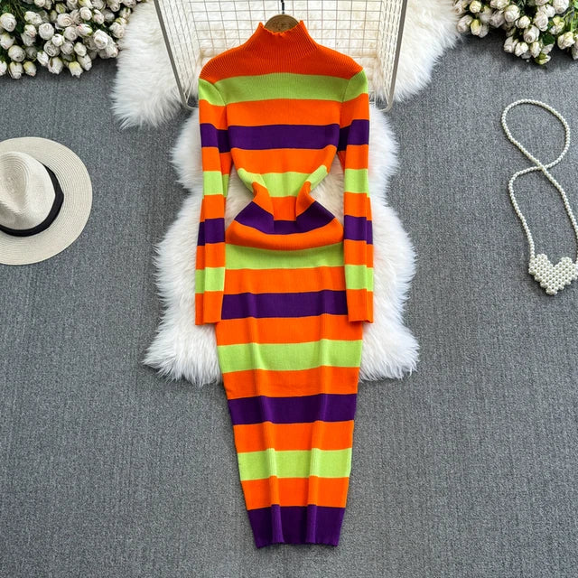 Women Temperament High Waist Knit Wrap Buttocks Dresses Stand Collar Long Sleeve Stripe Vestidos Autumn Winter