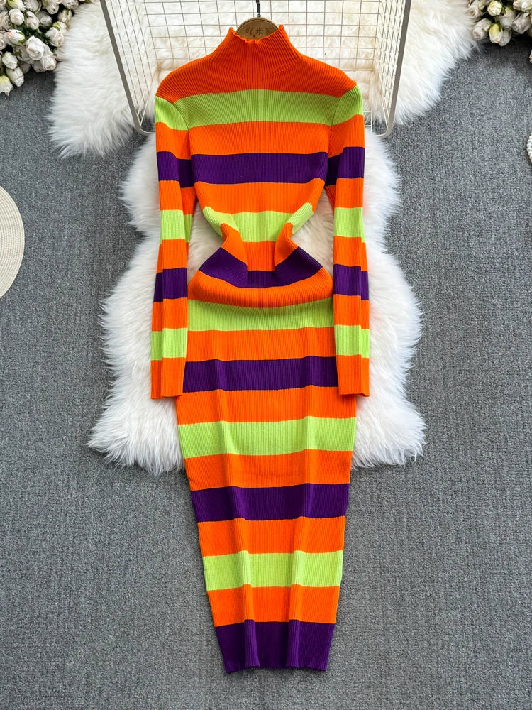 Women Temperament High Waist Knit Wrap Buttocks Dresses Stand Collar Long Sleeve Stripe Vestidos Autumn Winter