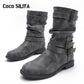 Autumn And Winter New Boots Round Head Flat Bottom Women's Large Smoke Pipe Boots Motorcycle Boots