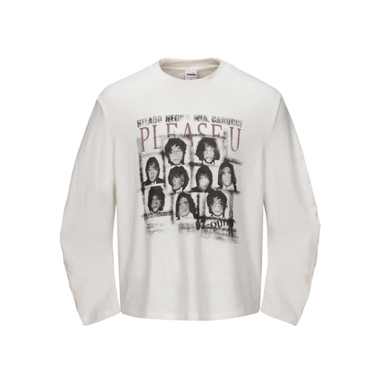 Graphic Print Oversized Long Sleeve T-Shirt with Knife Cut Design