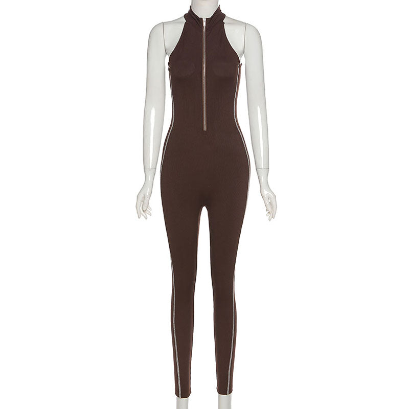 Autumn Velvet Fitness Zipper Sleeveless Stripe Long Jumpsuit For Women Playsuit New 2021Casual Street Skinny Rompers