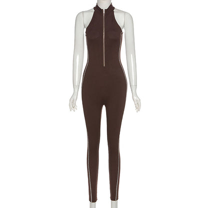 Autumn Velvet Fitness Zipper Sleeveless Stripe Long Jumpsuit For Women Playsuit New 2021Casual Street Skinny Rompers