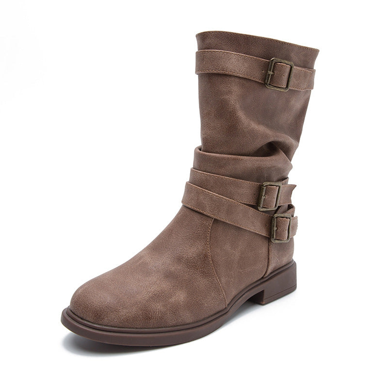 Autumn And Winter New Boots Round Head Flat Bottom Women's Large Smoke Pipe Boots Motorcycle Boots