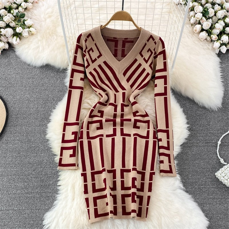 Fancy Women Dress Vintage Knitted Wrap Hips Short Dress Elegant Office Ladies Dresses