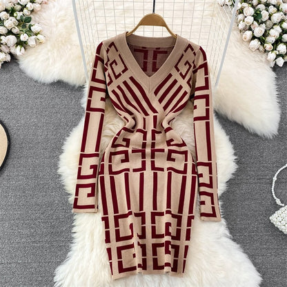 Fancy Women Dress Vintage Knitted Wrap Hips Short Dress Elegant Office Ladies Dresses