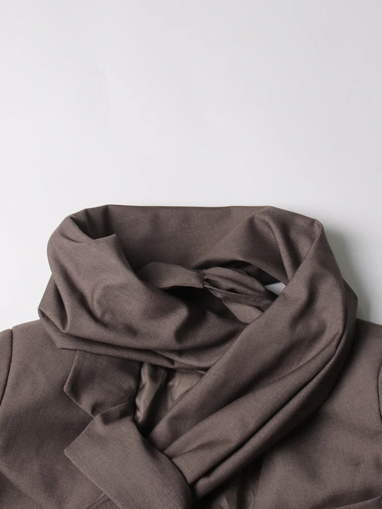 Solid Patchwork Pockets Casual Slimming Blazers For Women Scarf Collar Long Sleeve Chic Temperament Blazer Female