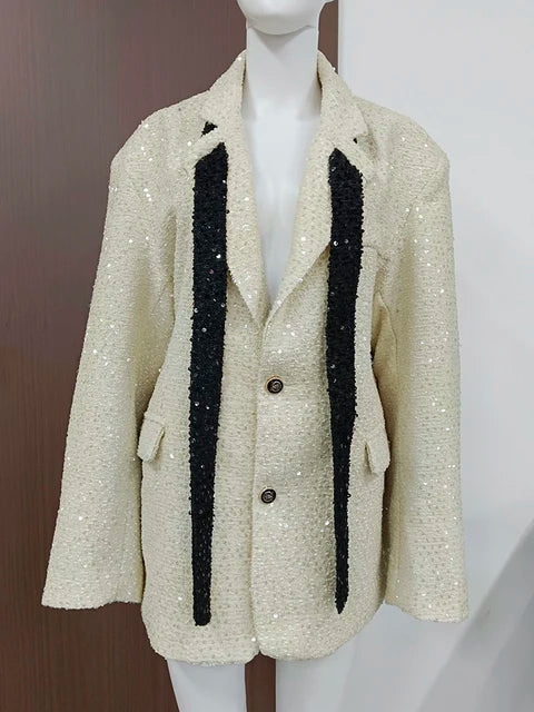 Colorblock Spliced Sequins Blazer For Womrn Notched Collar Long Sleeve Patchwork Pockets Casual Blazers Female New