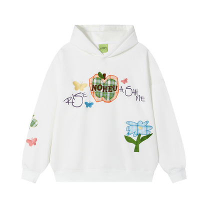 Embroidered and flannel hooded sweatshirt