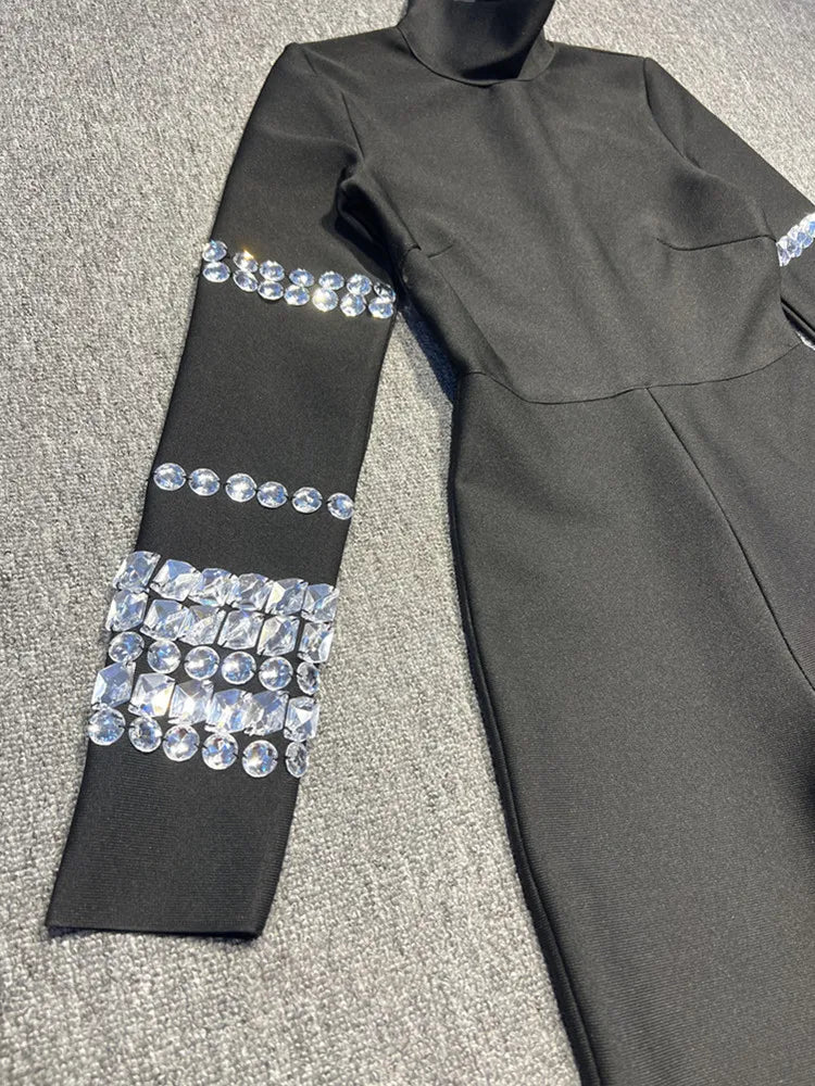 Women Luxury Sexy Long Sleeve Turtleneck Beading Sparkly Black Bandage Jumpsuit  Celebrity Designer High Street Rompers