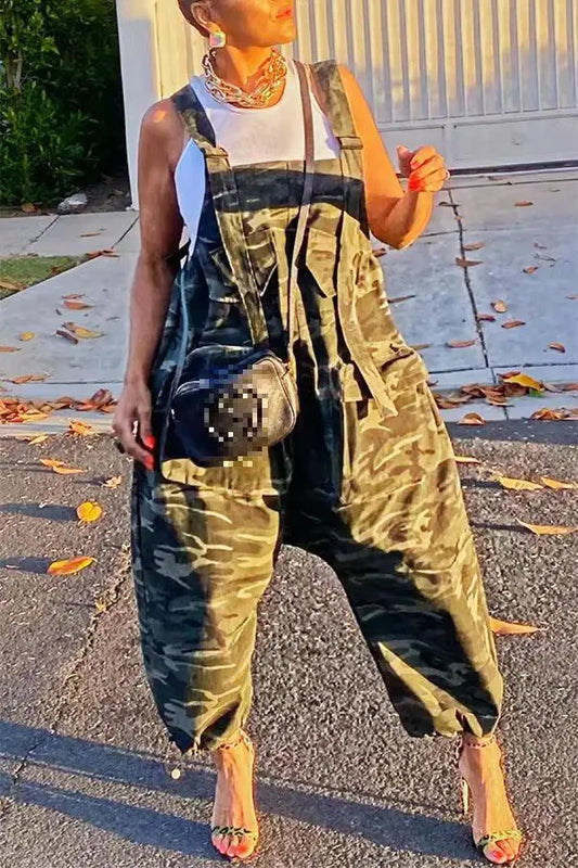 Women Loose Long Rompers Womens Jumpsuit Spring Summer New Sleeveless Backless Camouflage Printed