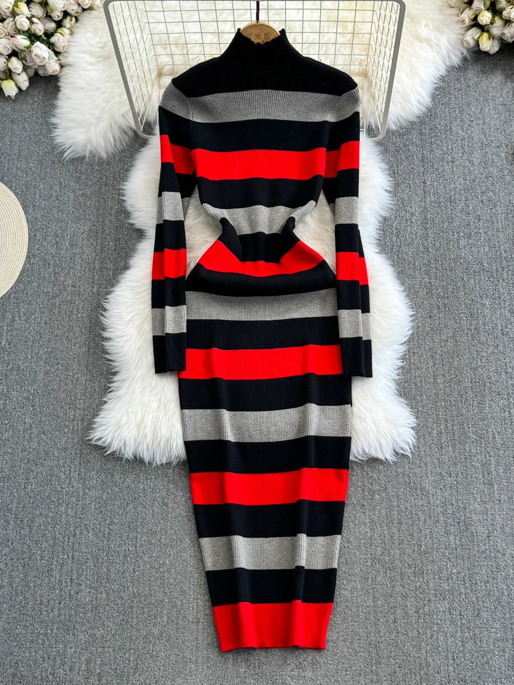 Women Temperament High Waist Knit Wrap Buttocks Dresses Stand Collar Long Sleeve Stripe Vestidos Autumn Winter