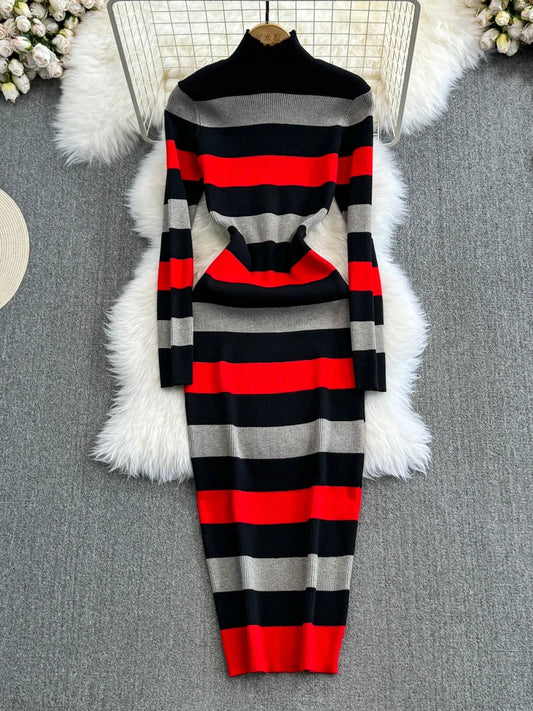Women Temperament High Waist Knit Wrap Buttocks Dresses Stand Collar Long Sleeve Stripe Vestidos Autumn Winter