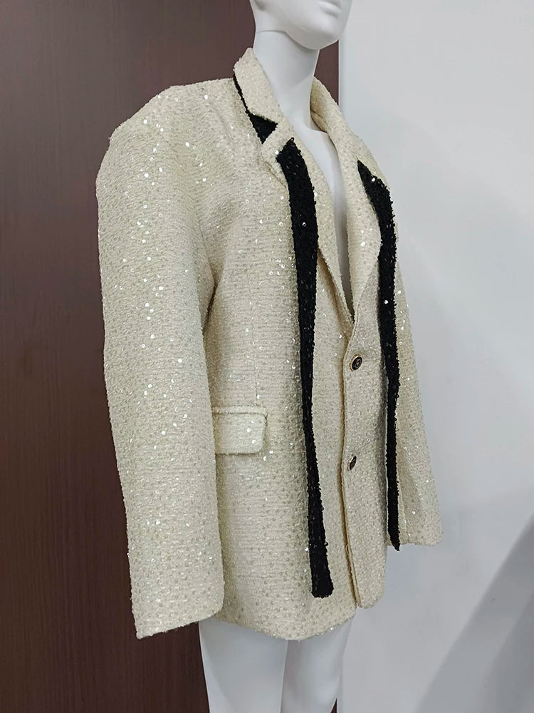 Colorblock Spliced Sequins Blazer For Womrn Notched Collar Long Sleeve Patchwork Pockets Casual Blazers Female New