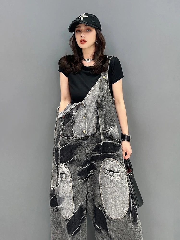 Fashion Women's Jumpsuits Denim Patchwork V-neck Single Breasted Pocket Casual Loose Rompers Summer  New