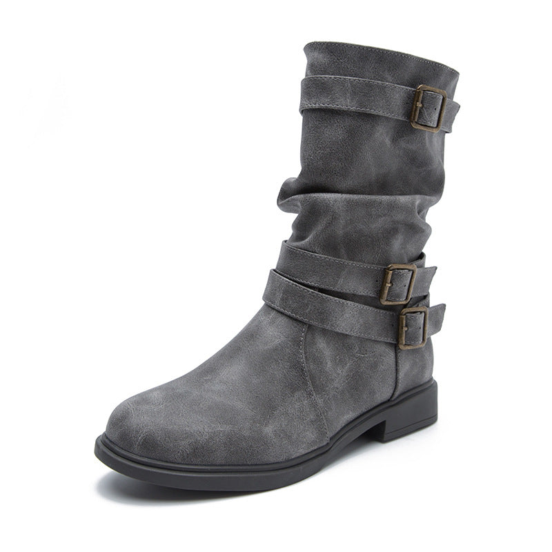 Autumn And Winter New Boots Round Head Flat Bottom Women's Large Smoke Pipe Boots Motorcycle Boots