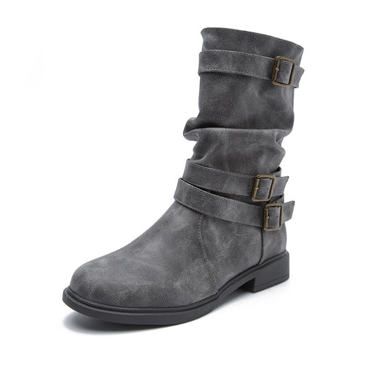 Autumn And Winter New Boots Round Head Flat Bottom Women's Large Smoke Pipe Boots Motorcycle Boots